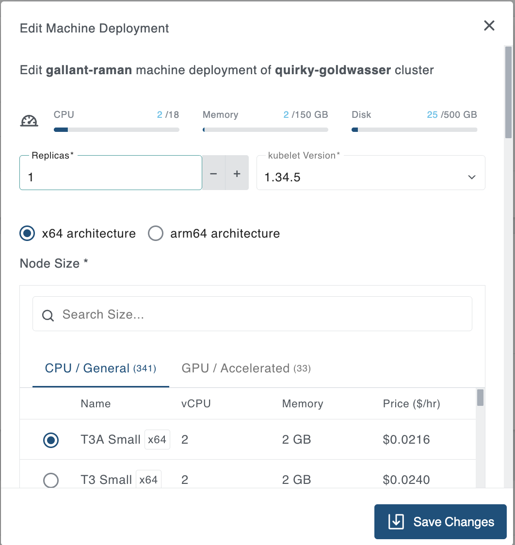 Machine deployment overview with opened edit modal