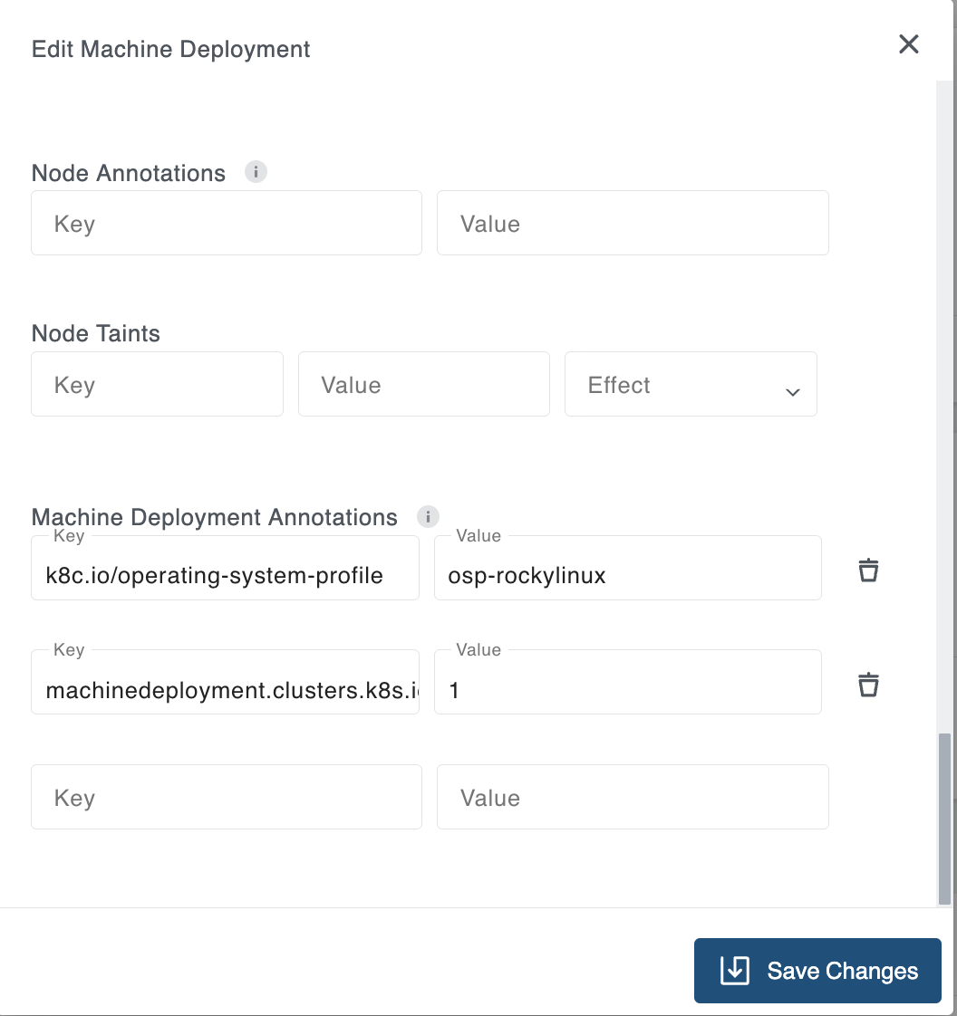Machine deployment overview with opened edit modal