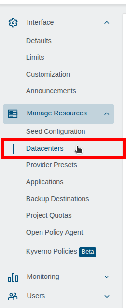 Navigate To Datacenters Settings